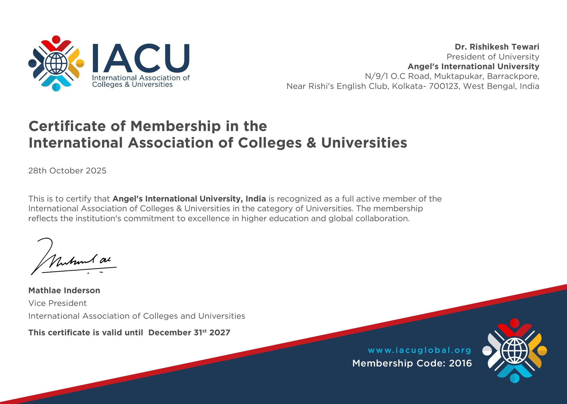 Angel's International University IACU Certificate